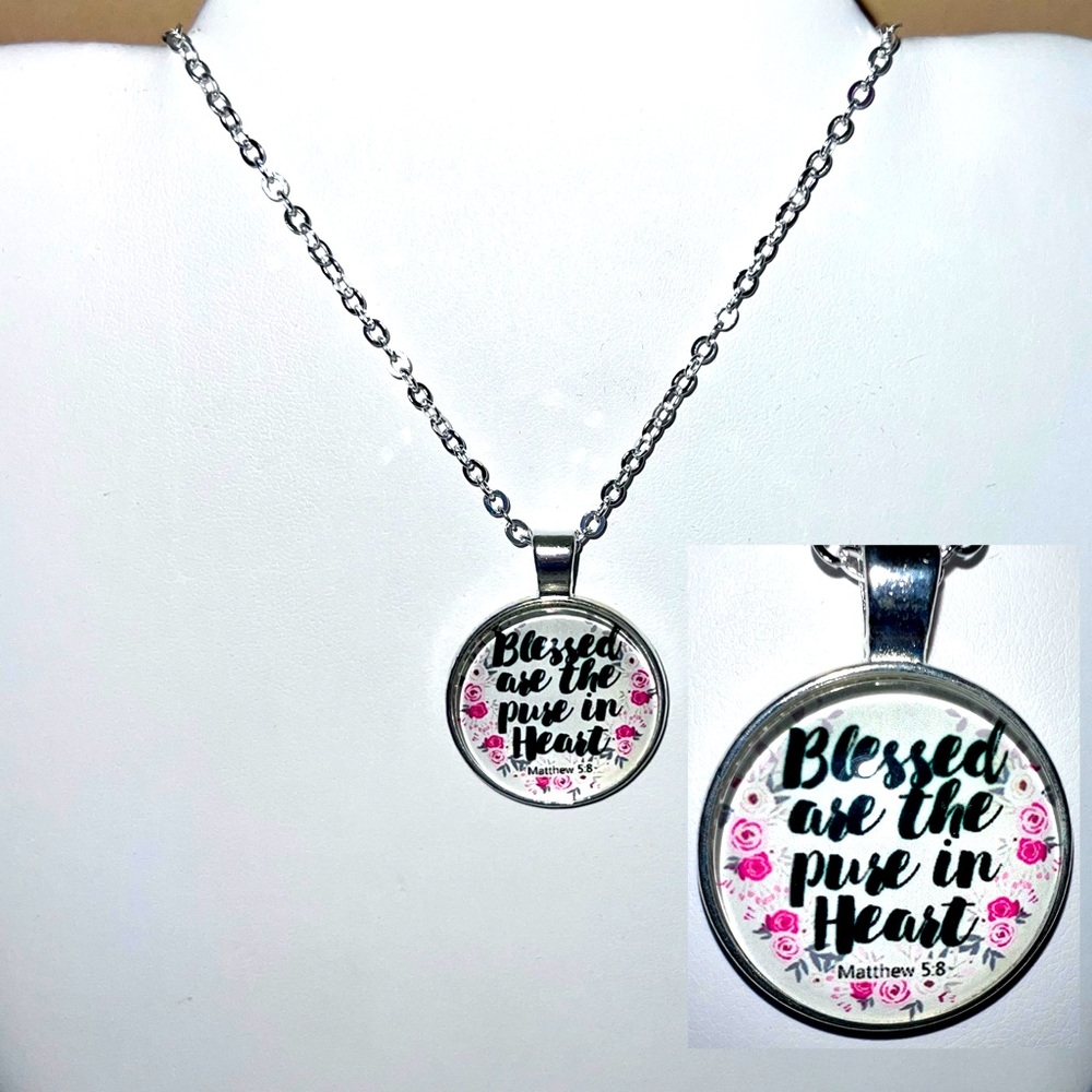 ✨🧘‍♀️✨Blessed Are The Pure At Heart Matthew 5:8 bible verse silver necklace NEW